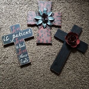 Set Of‎ 3 Wood Wall Hang Cross Metal Flower Wall Decor Christian Cross Scripture
